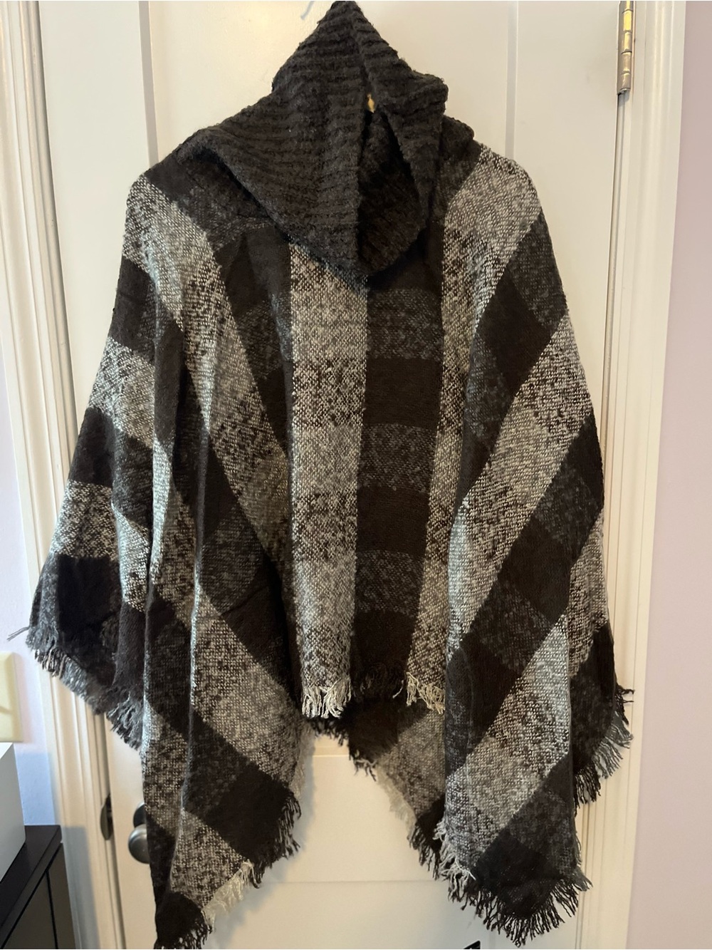 Cozy Brown and Gray Plaid Poncho - Unbranded